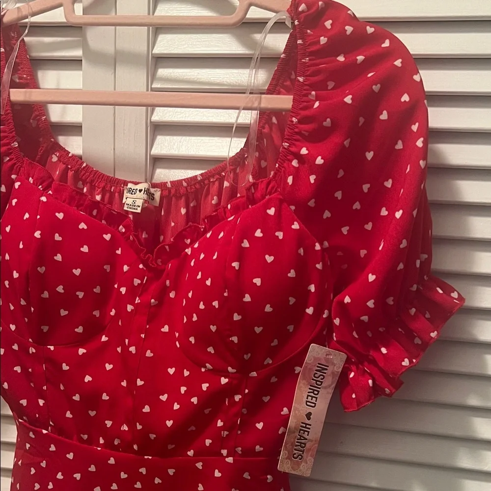 #1646** Red Heart White Print Puff-Sleeve Dress - Inspired Hearts - Picture 3 of 15
